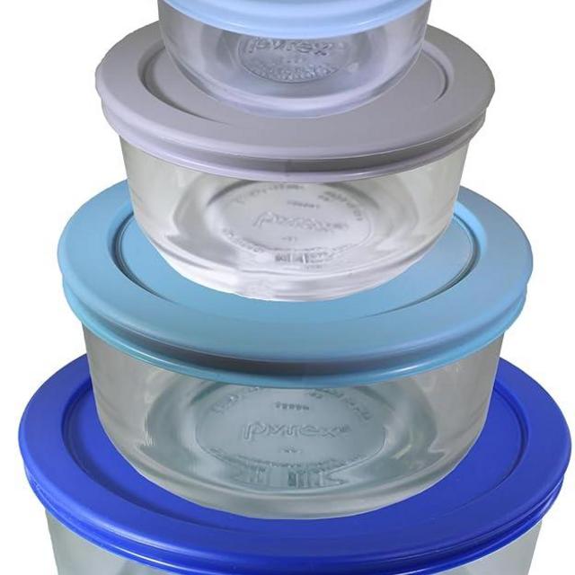 Utensilux Bundle Pyrex 8 Peice Round Bundle 4 Glass Storage Containers With Lids, 7-cup, 4-cup, 2-cup, & 1-cup Meal Prep Containers With Lid, With Chalk Stickers and Chalk Pen