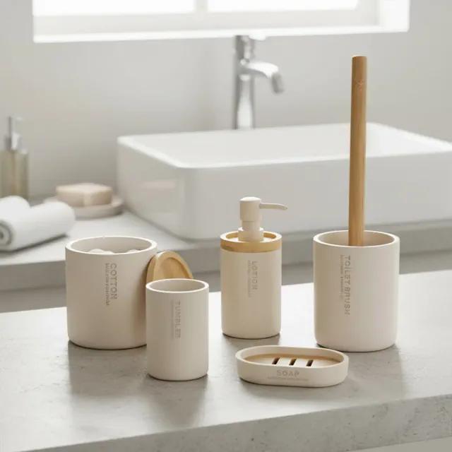 Evideco French Home Goods Chic Beige Bathroom Essentials Set with Natural Bamboo - 5 pieces