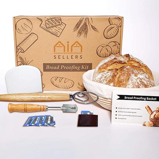 9 inch Banneton Bread Proofing Kit : Sourdough Bread Maker Danish dough Whisk Large Wicker Basket + Bread Scorer Lame + Dough Scraper Tool + Linen Liner Cloth + Banneton Proofing Basket