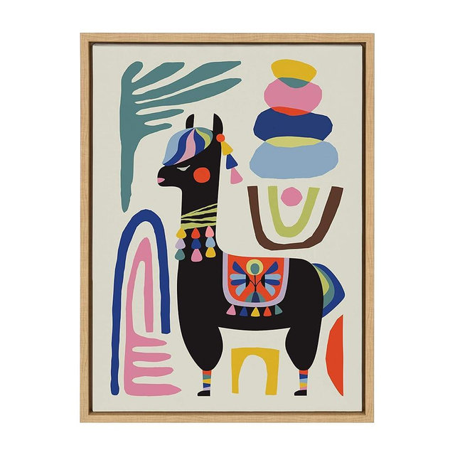 Kate and Laurel Sylvie Llama Mesatawe Framed Canvas by Rachel Lee, 18x24 Natural, Whimsical Abstract Wall Decor