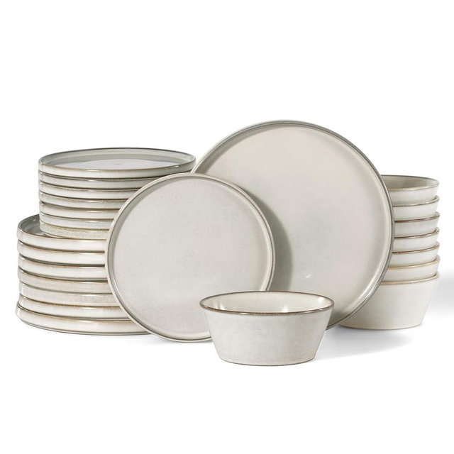 Famiware Plates and Bowls Sets, Annecy Stoneware Dinnerware Sets for 8, 24 Pieces Dish Set, Plate with Lip Edge, Reactive Glaze Tableware - Microwave & Dishwasher Safe, Grey-White