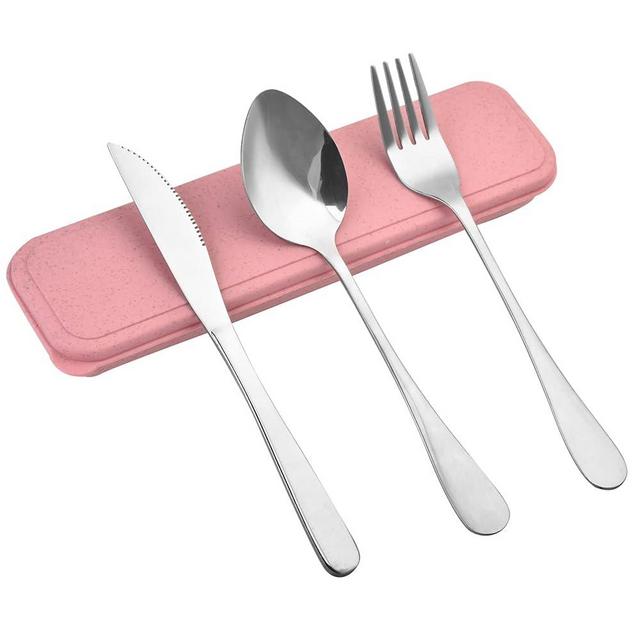 Travel Silverware Set with Case, Reusable Utensils Set with Case, Portable Spoon Knife Fork Lunch Box Travel Cutlery Set (Pink)