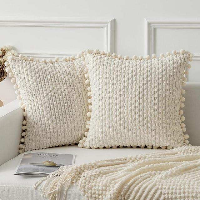 Kevin Textile Boho Cream Corduroy Decorative Throw Pillow Covers Pack of 2 Pom-pom Soft Boho Striped Pillow Covers Modern Farmhouse Home Decor for Sofa Living Room Couch Bed 18x18 Inch