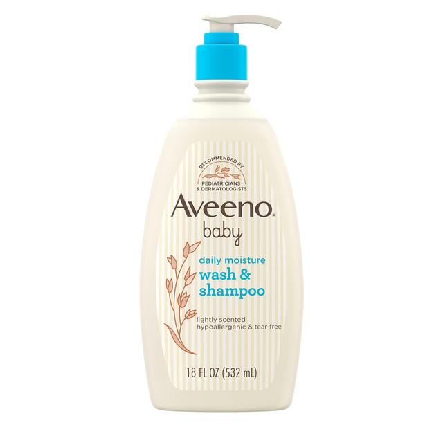 Aveeno Baby Daily Moisture Gentle Body Wash Shampoo with Oat Extract, 2-in-1 Baby Bath Wash Hair Shampoo, Tear- Paraben-Free for Hair Sensitive Skin, Lightly Scented, 18 fl. oz