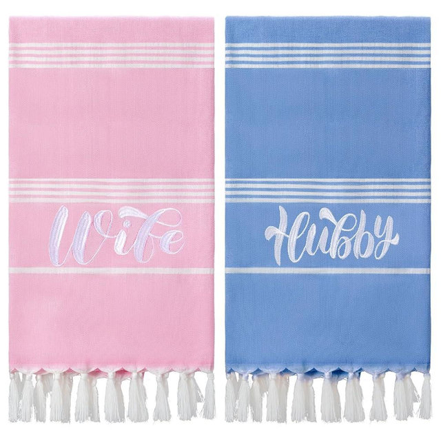 Preboun 2 Pcs Hubby and Wife Turkish Beach Towels Decorative Mr and Mrs Gift Embroidery Stripe Turkish Beach Towels for Honeymoon Newlywed Couple Wedding Gift 71 * 39 inch(Grey, White)