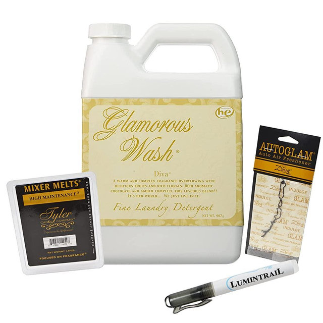 Tyler Candle Glamorous Wash Laundry Detergent, Diva Bundle with Tyler Candle Mixer Melts, Autoglam Freshener, and Stain Remover Pen (1 Gallon)