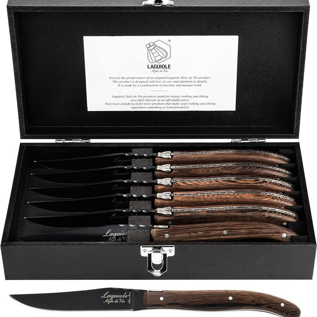 Laguiole Style De Vie Steak Knives Luxury Line, Set of 6, Wenge Wood, Black