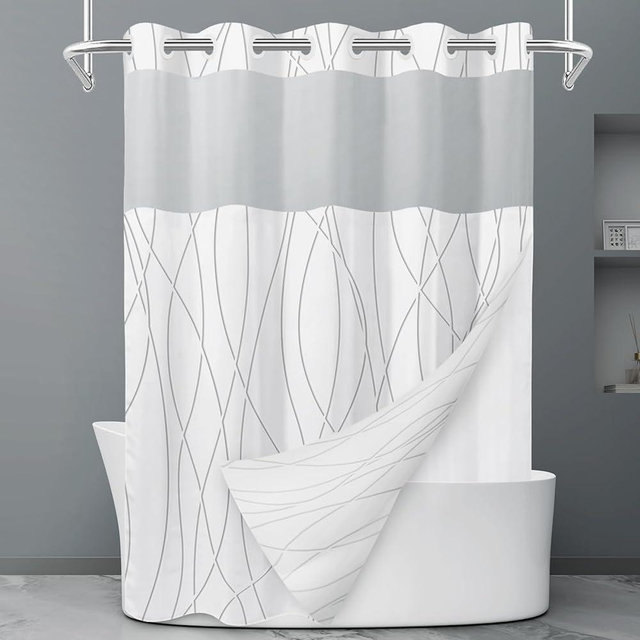 LXBNI No Hook Grey Shadow Striped Shower Curtain with Snap in Liner Set - Hotel Shower Curtain and Liner Set with See Through Mesh Top Window,Machine Washable, 71x74 INCH