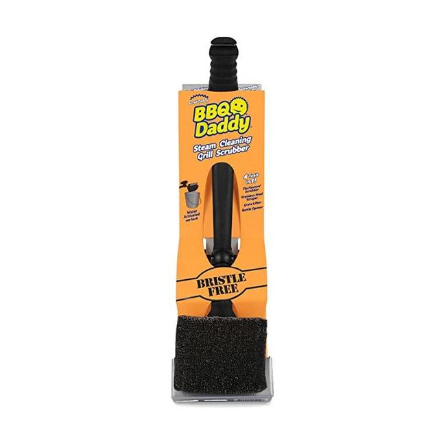 Scrub Daddy Grill Brush BBQ Daddy - Steam Clean with Steel Scrubber and Stainless Steel Scraper, Bottle Opener and Replacable Heads- No Bristles- Contains 1 Brush and 1 Scour Daddy Steel Head, 1ct
