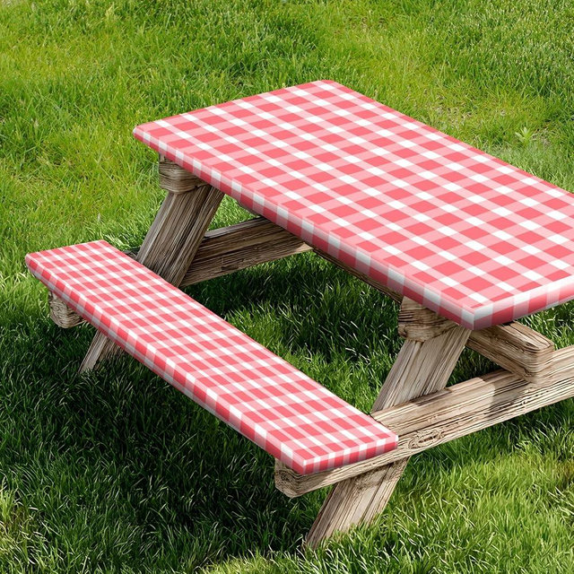 CAMPER MATTERS Picnic Table Cover and Bench Covers, Fitted Tablecloth Cover with Elastic Edge, Water and Oil Proof, for Outdoor, Garden, Camping, 72x28 Inch, 3 Pieces Set, Red & White