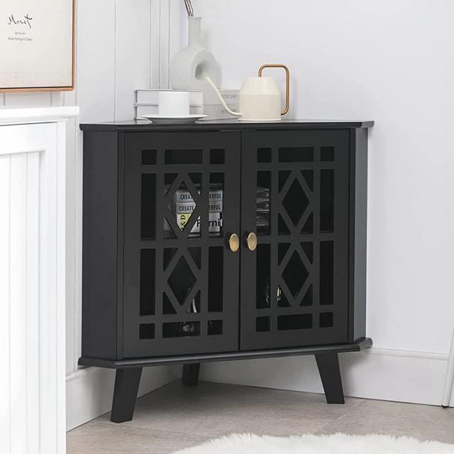 Scurrty Corner Sideboard Cabinet with 2 Doors and 2-Tier Shelves, Free-Standing Corner Storage Organizer for Living Room, Dining Room & Bathroom (Black)