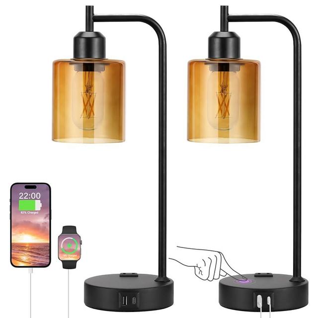 Industrial Touch Nightstand Lamps for Bedrooms Set of 2 - 3-Way Dimmable Table Lamps with USB C+A Ports and Outlet, Bedside Lamps with Amber Glass Shade for Living Room, Desk Lamps for Home Office