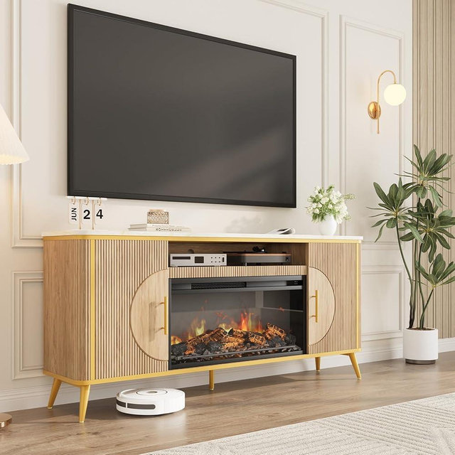 Fluted Fireplace TV Stand Up to 80" TVs, Modern Entertainment Center with 30" Electric Fireplace, Luxury Media Console with Adjustable Shelves for Living Room, Nature Oak