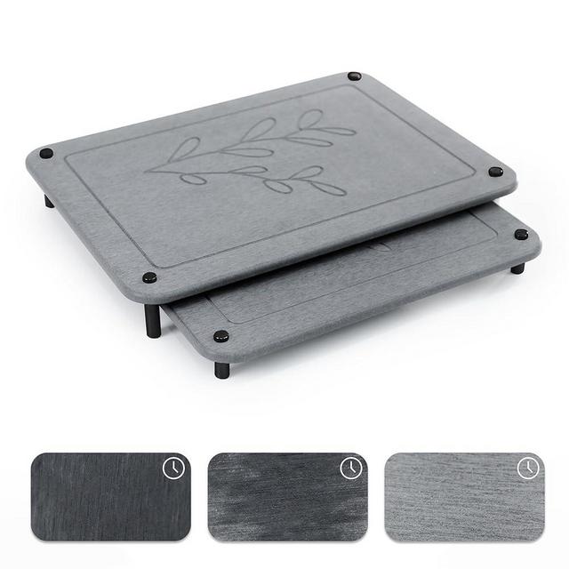 Jaye & Blake 2 PCs Nesting Stone Dish Drying Mats for Kitchen Counter | Absorbent Quick Drying Diatomaceous Earth Stone Drying Mat with Non-Slip Feet | Dark Grey - Leaf Design - Black Screws