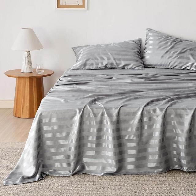 Bedsure Satin Sheets - Soft Satin King Sheets Set, 4 Pcs Luxury Silky Sheets, Similar to Silk Sheets, Grey Satin Sheets King for Hair and Skin, Gifts for Women(Grey Striped, King)