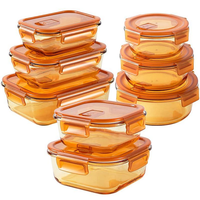 XDCY Glass Containers for Food Storage with Airtight Lids, 8-Piece Set, Stackable Meal Prep Containers Glass, Amber Snack Containers with Lids