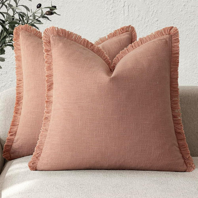 Foindtower Set of 2 Decorative Linen Fringe Throw Pillow Covers Cozy Boho Farmhouse Cushion Cover with Tassels Soft Accent Pillowcase for Couch Sofa Bed Living Room Home Decor,18×18 Inch,Coral Pink