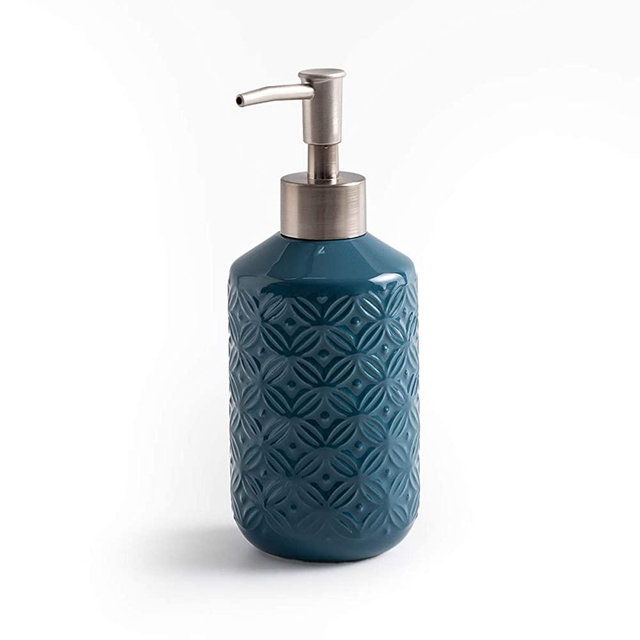 FE Soap Dispenser with Refined Emboss 400ml/13.5oz Ceramic Liquid Soap Pump Dish Soap Dispenser Porcelain Lotion Dispenser for Kitchen Bathroom Washroom (Spruce Blue)