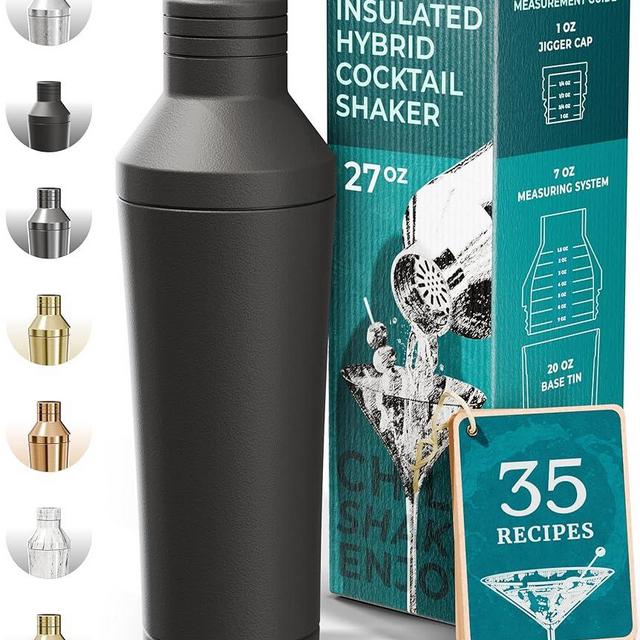 Insulated Cocktail Shaker Set | Double Wall Stainless Steel | Martini Shaker for Home Bar Bartending | Built-in Drink Measurement System & Strainer, Travel Bag, 35 Recipes | Gift Set (Matt Black)