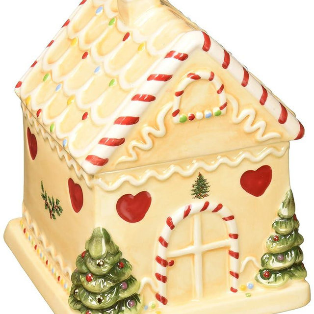 Spode Christmas Tree Gingerbread House Candy Jar | 7 Inch Christmas Cookie Jars made of Fine Earthenware | Candy Jars for Kitchen Counter with Lid | Christmas Cookie Containers