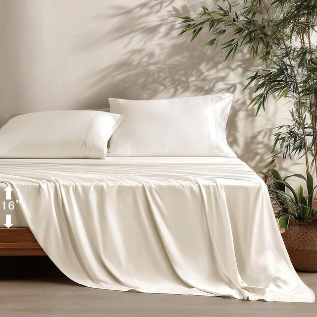 NATUREFIELD 4Pcs Sheets Set Queen Size,100% Rayon Derived from Bamboo Bed Sheets Soft Breathable 1 Flat Sheet, 1 Fitted Sheet, 2 Pillowcases Beige