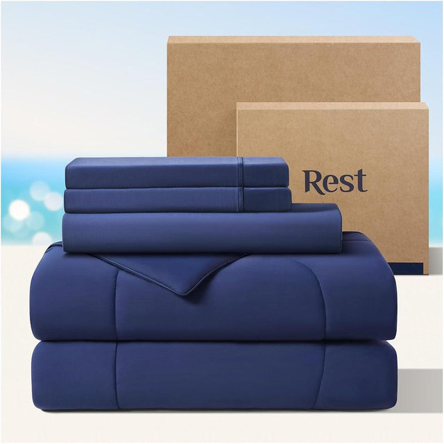 Rest® Evercool®+ Cooling Comforter Set, King, Midnight Blue, 4pcs with Cooling Blanket, Wrinkle-Free Deep Pocket Fitted Sheet, 2 Silver-Infused Pillowcases for Skin and Hair Bed Set, for Ultra Comfort