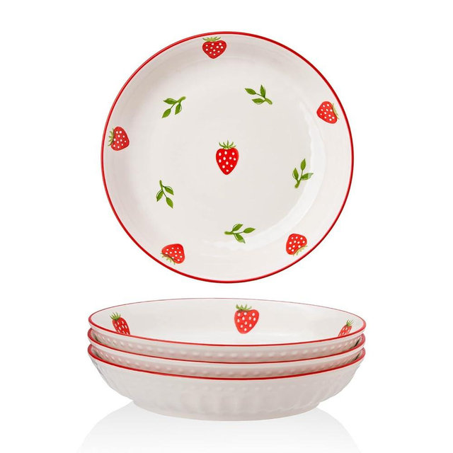 CHILDIKE Porcelain Bowls Set Strawberry 8 Inch Pasta Bowls Set of 4, Salad Bowls 17.6 OZ