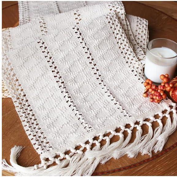 FEXIA Boho Macrame Table Runner 90 Inches Long Cream Table Runner for Farmhouse Home Decor Table Runner with Tassels for Bohemian Dining Bedroom Decor Rustic Bridal Shower (12x90 Inches)