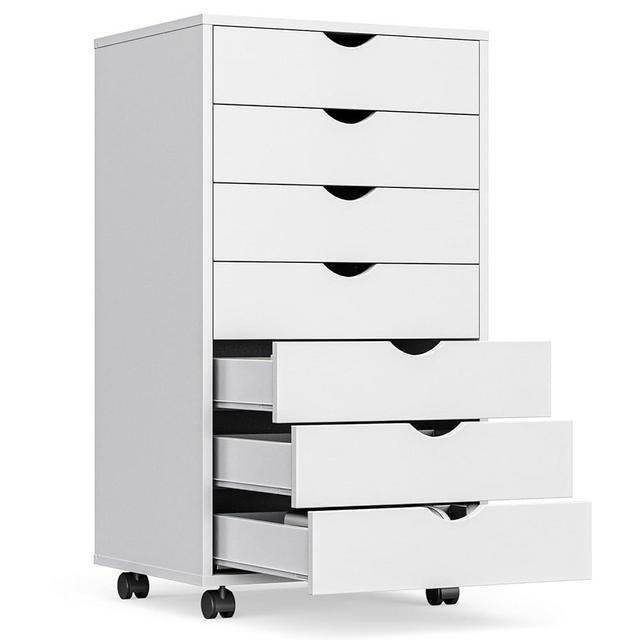 OLIXIS 7 Drawer Mobile File Cabinet Under Desk Storage Organization with Wheels Vertical Filing Chest Rolling Wood Small Desk Printer Stand for Home Office, 15.75"D x 18.74"W x 34.25"H, White