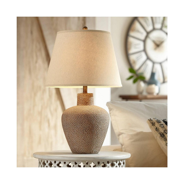 360 Lighting Bentley Rustic Farmhouse Table Lamp 29" Tall Brown Leaf Textured Hammered Pot Off White Empire Shade for Bedroom Living Room House Home