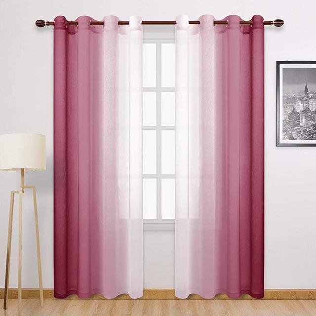 DWCN Faux Linen Ombre Sheer Curtains - Semi Voile Gradient Grommet Top Curtains for Bedroom and Living Room, Set of 2 Window Curtain Panels, 52 x 84 Inches Long, Burgundy