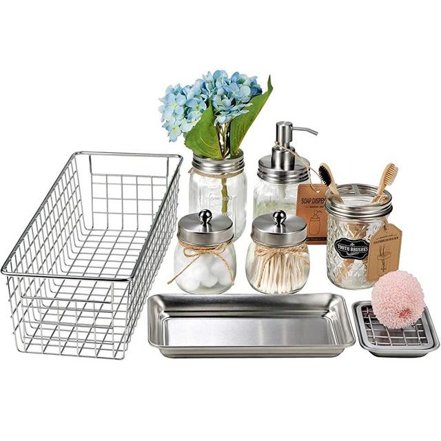 Mason Jar Bathroom Accessories Set 8 Pcs - Lotion Soap Dispenser,Toothbrush Holder,2 Apothecary Jars, Flower Vase,Soap Dish,Vanity Tray,Toilet Paper Holder Storage Bin,Farmhouse Decor (Brushed Nickel)