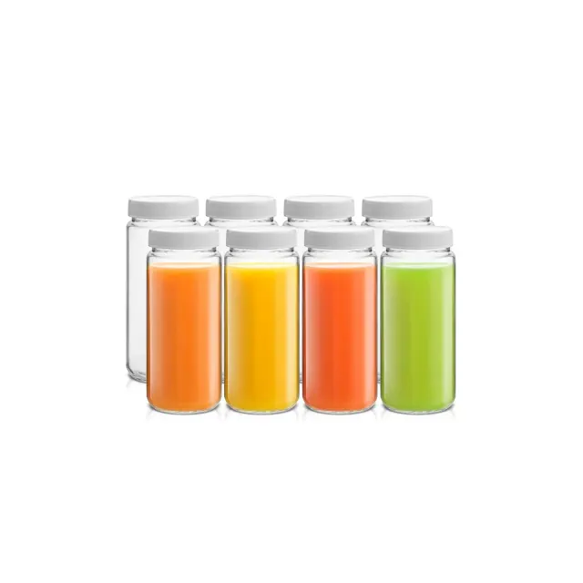 JoyJolt Reusable Glass Juice Bottles with Lids - 16oz Juice Containers with Lids & Stickers- Set of 8 - White