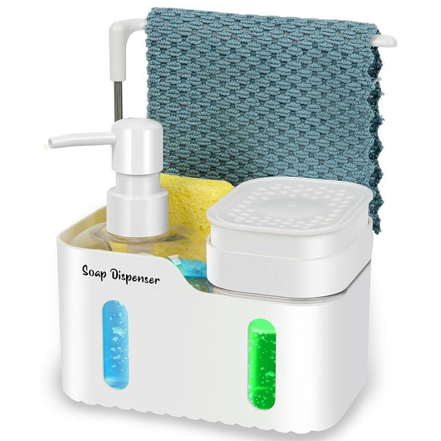 Hand Soap and Dish Soap Dispenser Set for Kitchen, Dual Soap Dispenser with Sponge Holder and Dishcloth Holder 4-in-1 Organizer for Kitchen Sink Countertop, Useful Kitchen Gadgets (White)