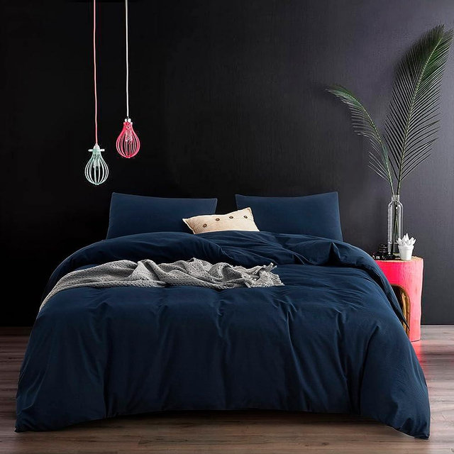 ECOCOTT Navy Blue Duvet Cover California King Size - 100% Washed Cotton Durable Soft Comfy Duvet Cover Set, 3 Pieces Duvet Cover with Zipper Closure (Navy Blue, 104''x98'')