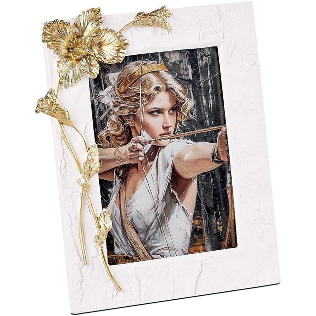 ZIHARA 5x7 Gold Iris Picture Frame, Ornate Hand-Crafted Resin Flower Photo Frame with Easel, Hook & Mat, for Table Top & Wall Gallery White Frames