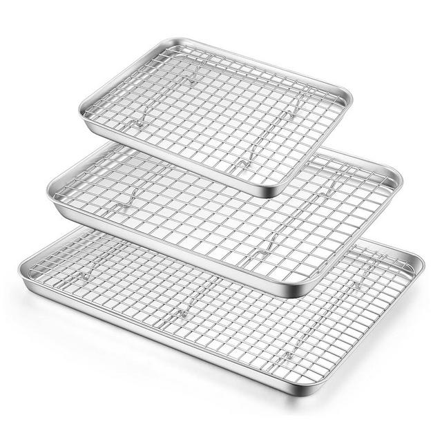 TeamFar Baking Sheet with Rack Set (3 Pans + 3 Racks), Stainless Steel Baking Pan Cookie Sheet with Cooling Rack, Non Toxic & Heavy Duty, Easy Clean & Dishwasher Safe