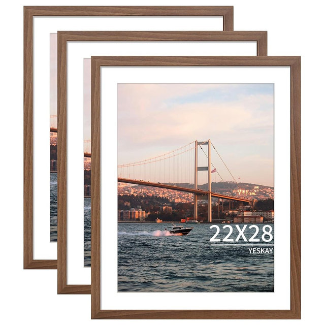 YESKAY 22x28 Picture Frame Brown Set of 3, Display Pictures 18x24 with Mat or 22 x 28 Without Mat, Poster Frames 22x28 for Wall Hanging Horizontal and Vertical