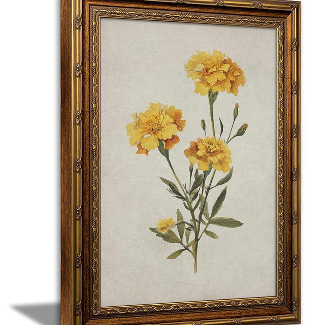 Vintage Gold Framed October Birth Flower Wall Art Vintage Marigold Flowers Canvas Prints Yellow Picture Wall Decor Marigold Botanical Poster Artwork for Living Room Bedroom Birthday Gift 9x11in
