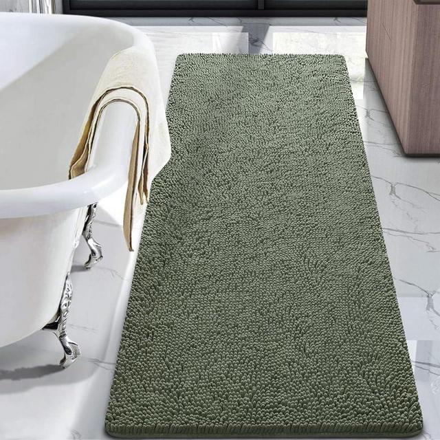 LOCHAS Luxury Bathroom Rug Shaggy Bath Mat 24 x 60 Inch, Washable Non Slip Bath Rugs for Bathroom Shower, Soft Plush Chenille Absorbent Carpets Mats, Sage Green