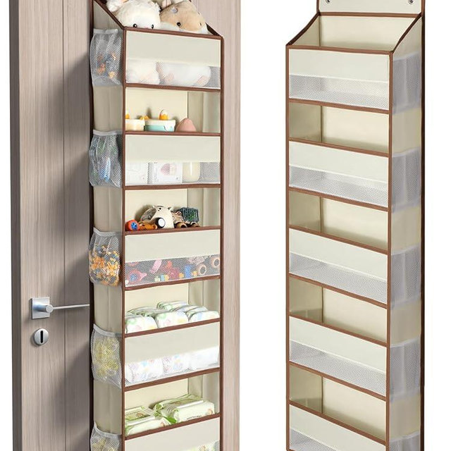 Yecaye 1 Pc 5 Tier Over the Door Organizer with 15 Pockets | 44lb Load Over the Door Storage | No Sagging Closet Organizers and Storage | Versatile Nursery Hanging Organizers for Home Dorm - Beige