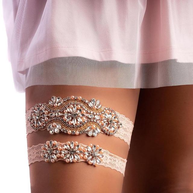 White Stretch Lace Rhinestone Pearl Garter, Wedding Garter Set with Toss Garter, Bridal or Prom Garter Set, Liga Para La Boda