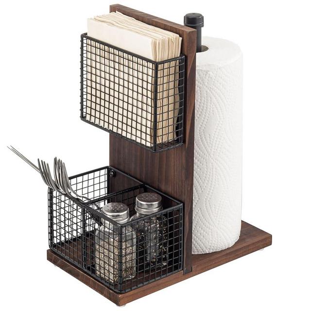 MyGift 3-in-1 Kitchen Organizer with Paper Towel Holder, Napkin Holder & Spice Rack - Rustic Wood & Industrial Metal Pipe Caddy for Farmhouse Dining Table