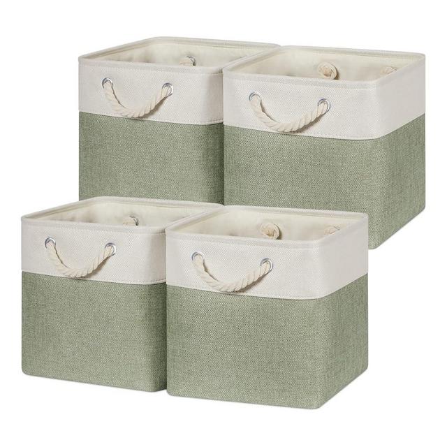 Temary Cube for Shelves 11 Inch Bin 4Pack Fabric Storage Baskets for Organizing Toys, Clothes, Decorative Baskets with Rope Handles (White&Green)