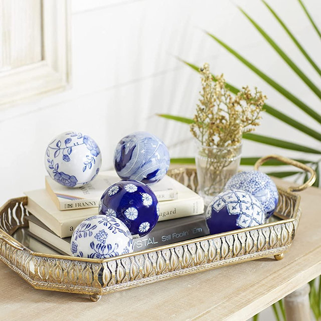 Deco 79 Blue & White Ceramic Ball- Set of 6 - Home Accent, 3"