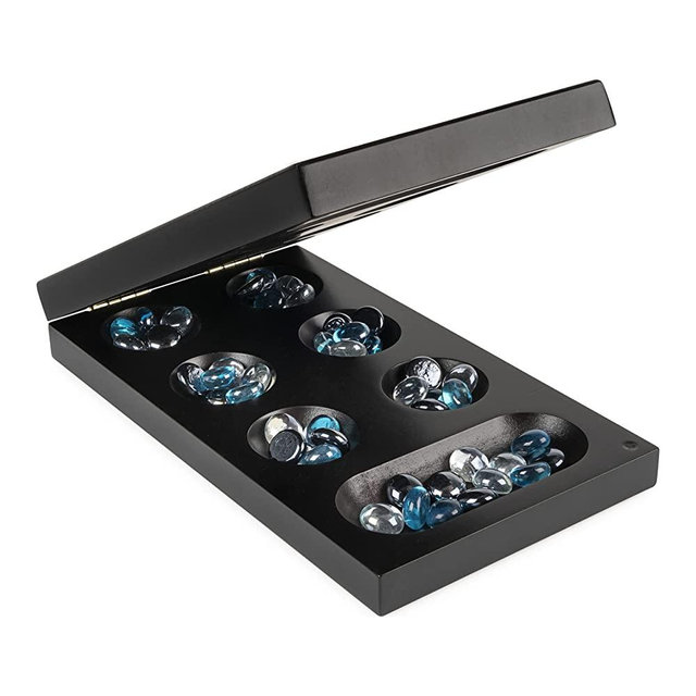 Legacy Deluxe Mancala Classic Game with Folding Wooden Game Board and Colored Glass Stones, Family Game for Ages 8 and up