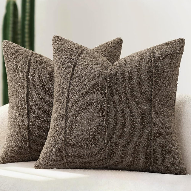 YCOLL Textured Boucle Throw Pillow Covers 20x20 Pack of 2 - Soft Neutral Striped Cushion Covers, Cozy Accent Decorative Pillow Covers for Couch, Sofa, Bed, Living Room (Brown)