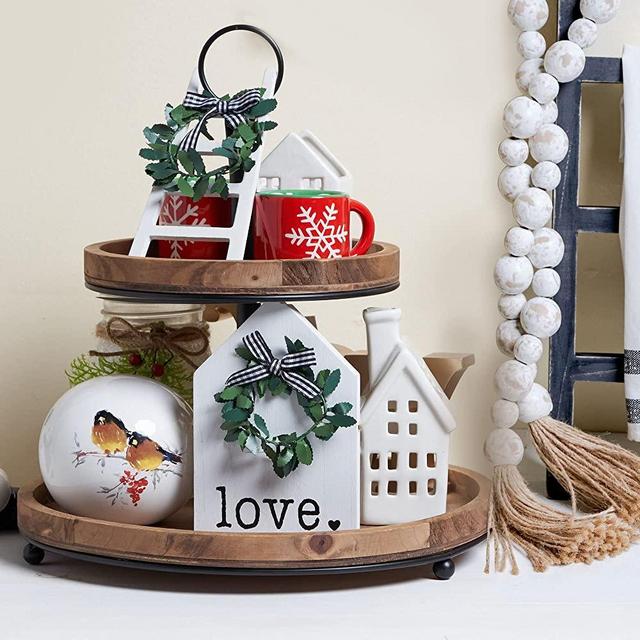 GENMOUS & CO. Farmhouse Tiered Tray Decor with Distressed Wood Bead Garland, Decorative 2 Tiered Serving Tray with Metal Handle for Rustic Home Decor