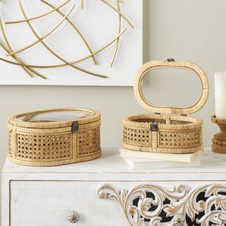 Rattan Wrapped 2-Piece Glass Top Storage Box Set