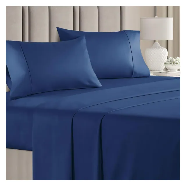 CGK Linens 100% Cotton 400 Thread Count 4 Piece Sheet Set - Soft & Cozy Sateen Bed Sheets in Navy Blue, Size Queen
